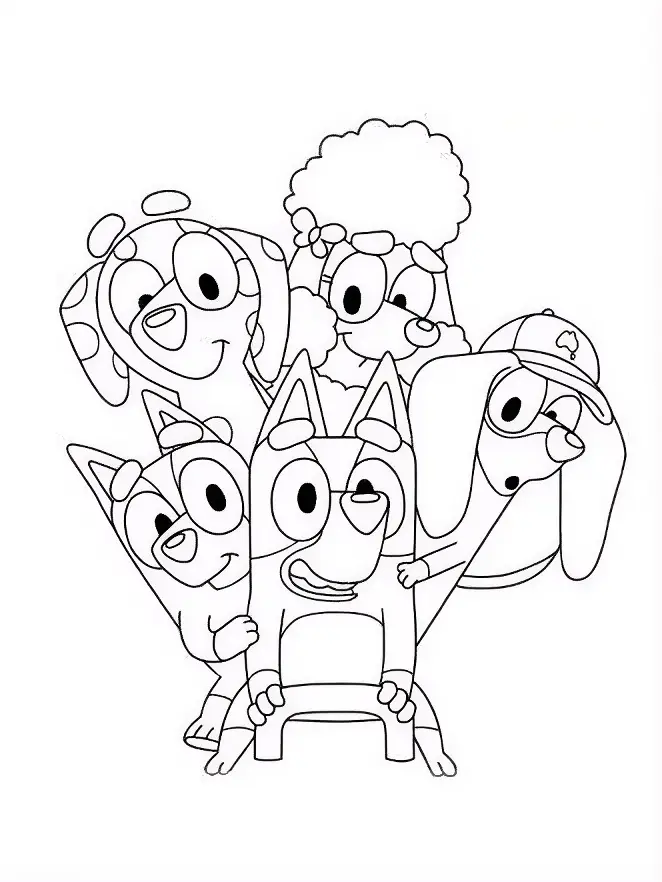 Desenho para colorir mostrando os personagens Bluey, Bingo, Coco, Snickers e Lucky juntos e felizes.