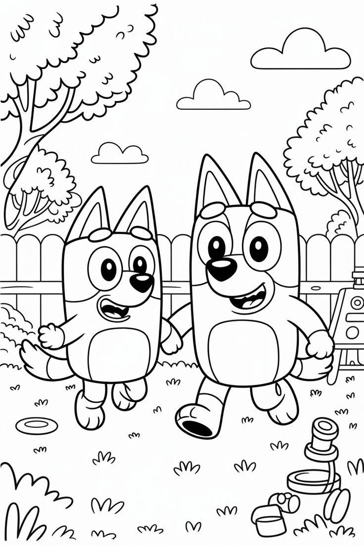 Desenho para colorir de Bluey e sua irmã mais nova Bingo caminhando de mãos dadas em um jardim ensolarado com árvores e uma cerca ao fundo.