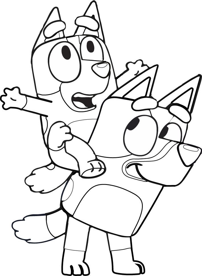 Bluey carregando sua irmã mais nova, Bingo, nas costas em uma brincadeira de cavalinho, estilo desenho animado.