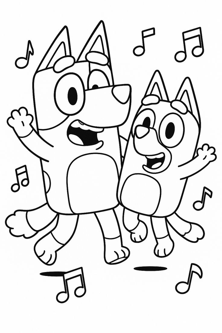 As personagens Bluey e Bingo, cachorrinhas da raça Blue Heeler, dançando felizes cercadas por notas musicais em um desenho para colorir.