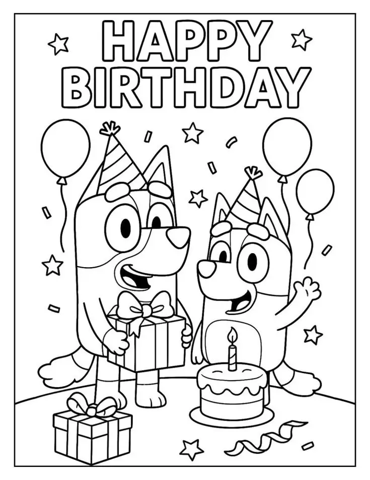 Bluey e Bingo usando chapéus de festa, segurando um presente e ao lado de um bolo de aniversário com uma vela.
