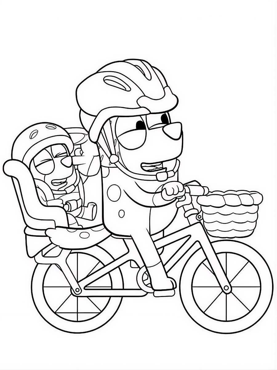 Bluey pedalando uma bicicleta com Bingo sentada na cadeirinha traseira, ambas usando capacetes de proteção.
