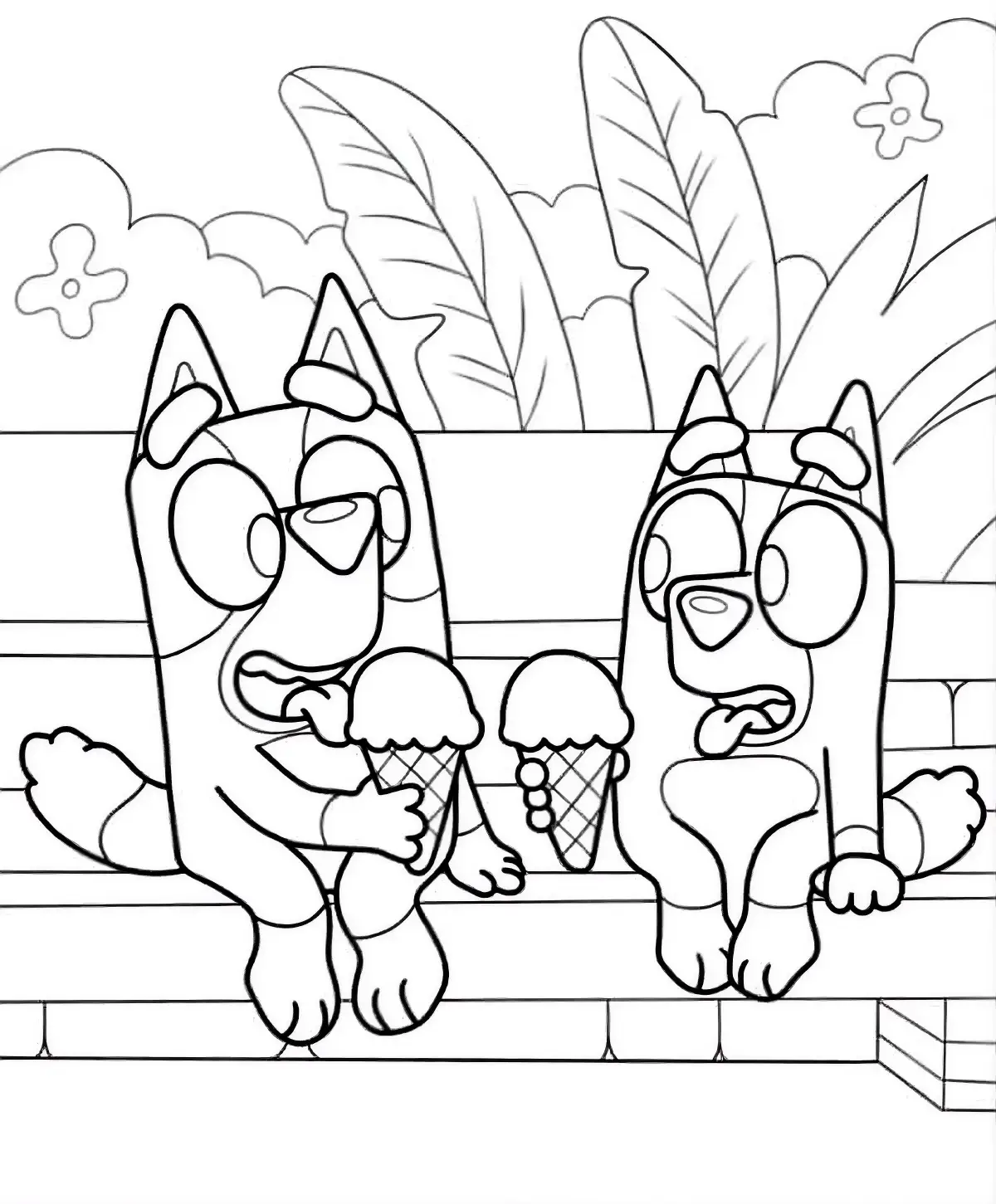 Desenho para colorir das personagens Bluey e Bingo sentadas em um banco tomando sorvete.