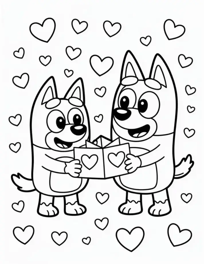 Bluey e Bingo segurando uma caixa de presente cercadas por corações