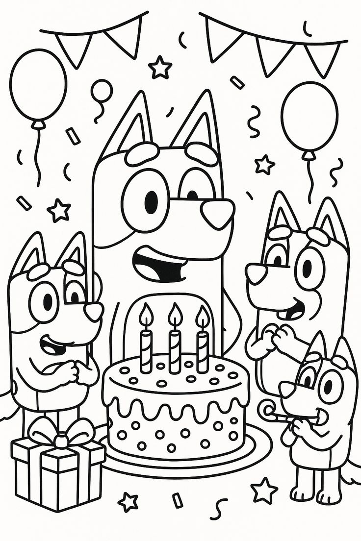 Os personagens Bluey, Bingo, Bandit e Chilli Heeler reunidos em volta de um bolo de aniversário com três velas acesas, cercados por balões e bandeirinhas de festa.