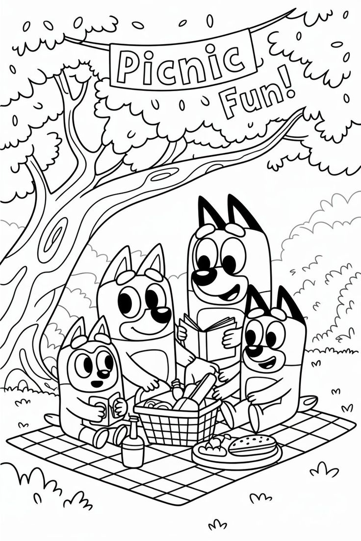 Desenho de colorir da família Bluey fazendo um piquenique debaixo de uma árvore com uma cesta e comida