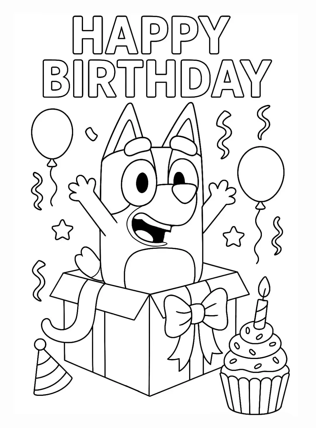 Personagem Bluey saltando de uma caixa de presente com balões, estrelas e um cupcake de aniversário em volta.