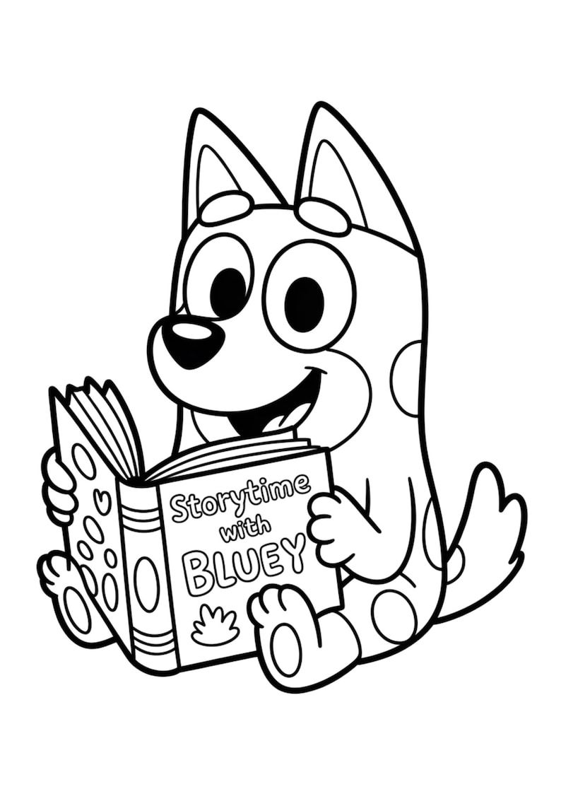 Bluey, a cachorrinha Heeler, segurando um livro aberto com o título 'Storytime with Bluey' enquanto sorri.