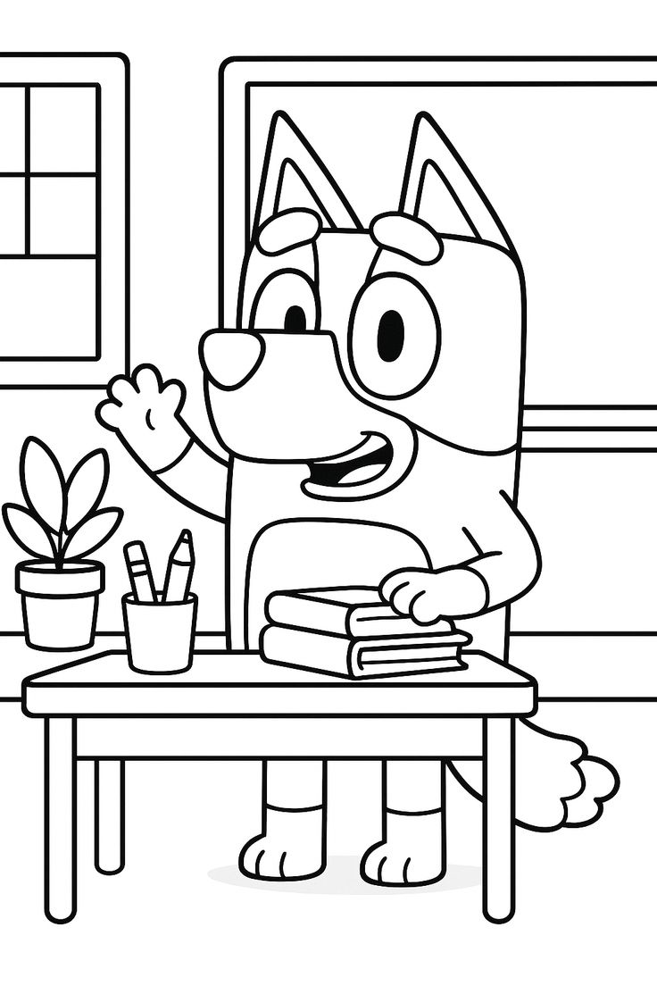 Personagem Bluey, uma cadelinha antropomórfica, sentada à mesa em uma sala de aula acenando com a mão, com livros e um vaso de planta à frente.