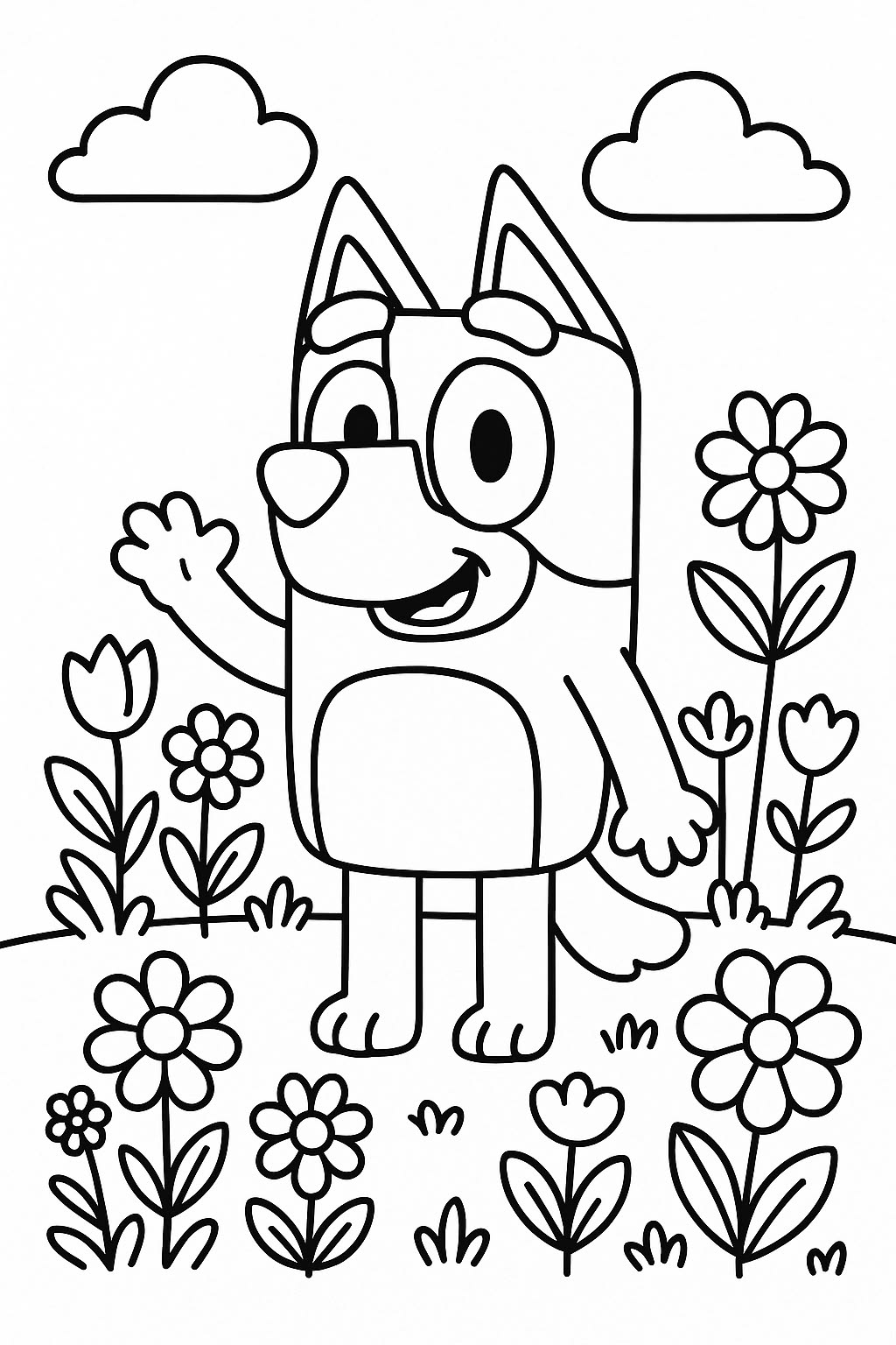 A personagem Bluey, uma cachorrinha azul antropomórfica, acenando em um jardim cheio de flores e nuvens no céu, pronta para colorir.