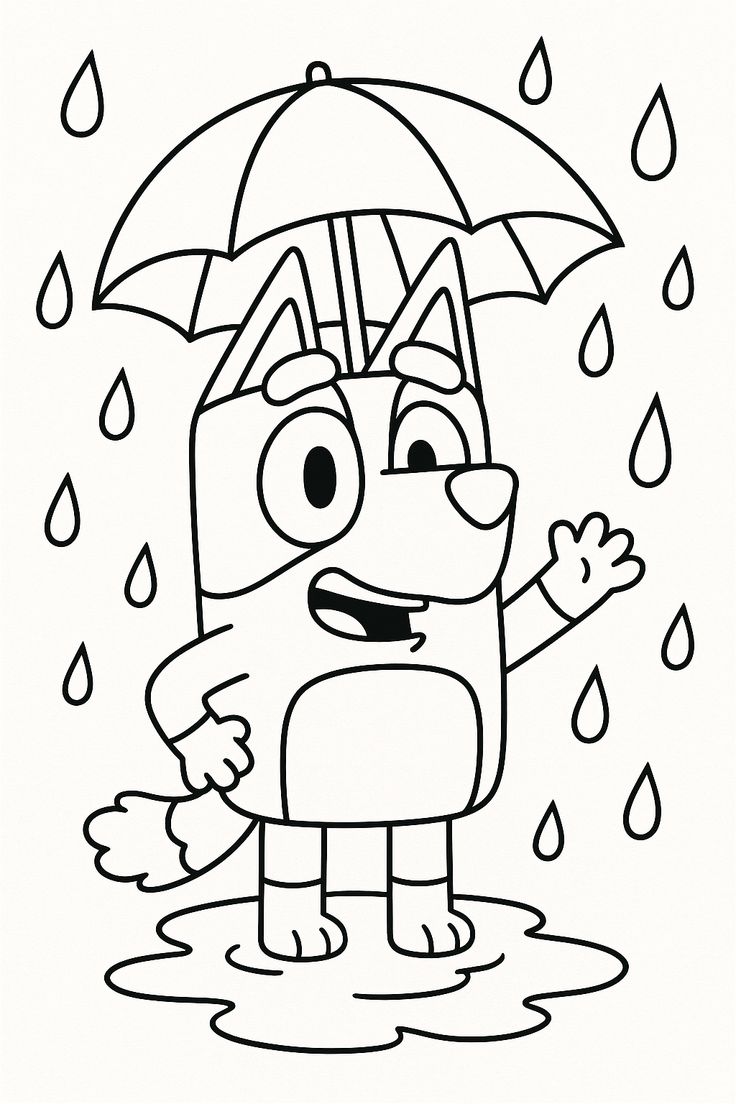Personagem Bluey, uma cadela azul, segurando um guarda-chuva aberto enquanto pula em uma poça d'água durante um dia chuvoso.