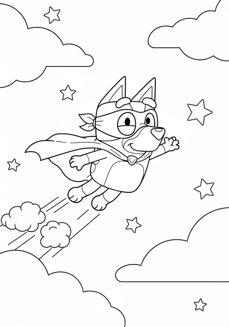 Personagem Bluey vestida de super-heroína com capa e máscara, voando entre nuvens e estrelas em estilo de desenho para colorir.