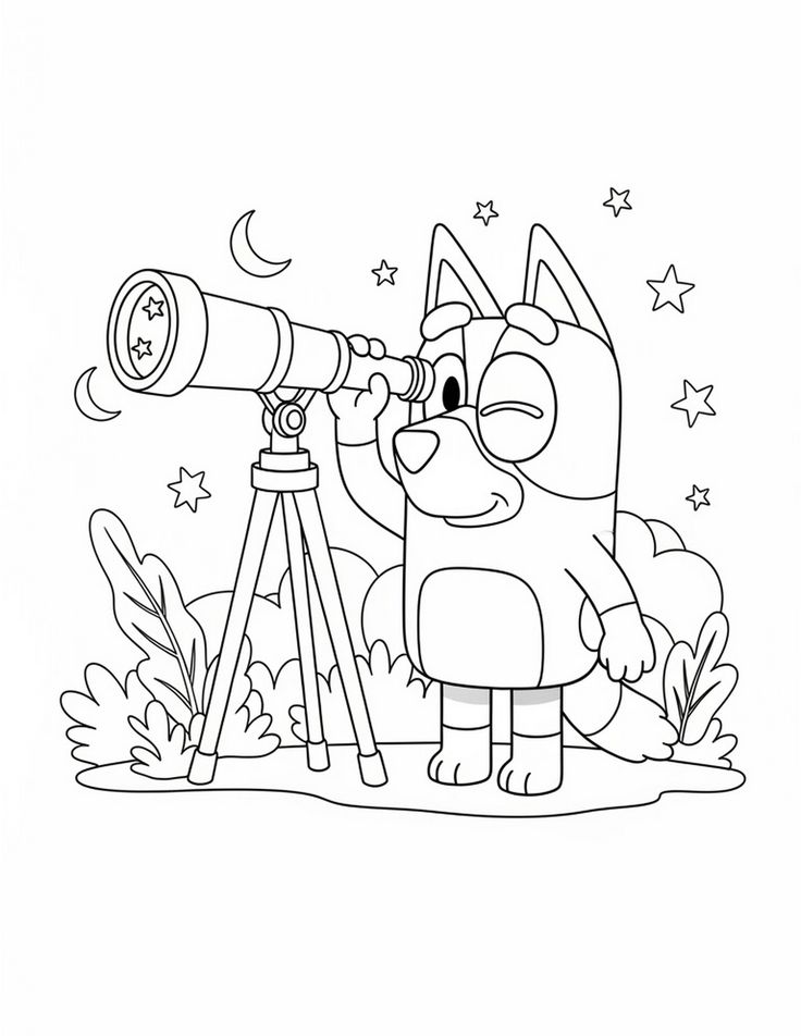 Personagem Bluey, uma cachorrinha antropomórfica, observando o céu noturno através de um telescópio em um jardim com estrelas e lua.