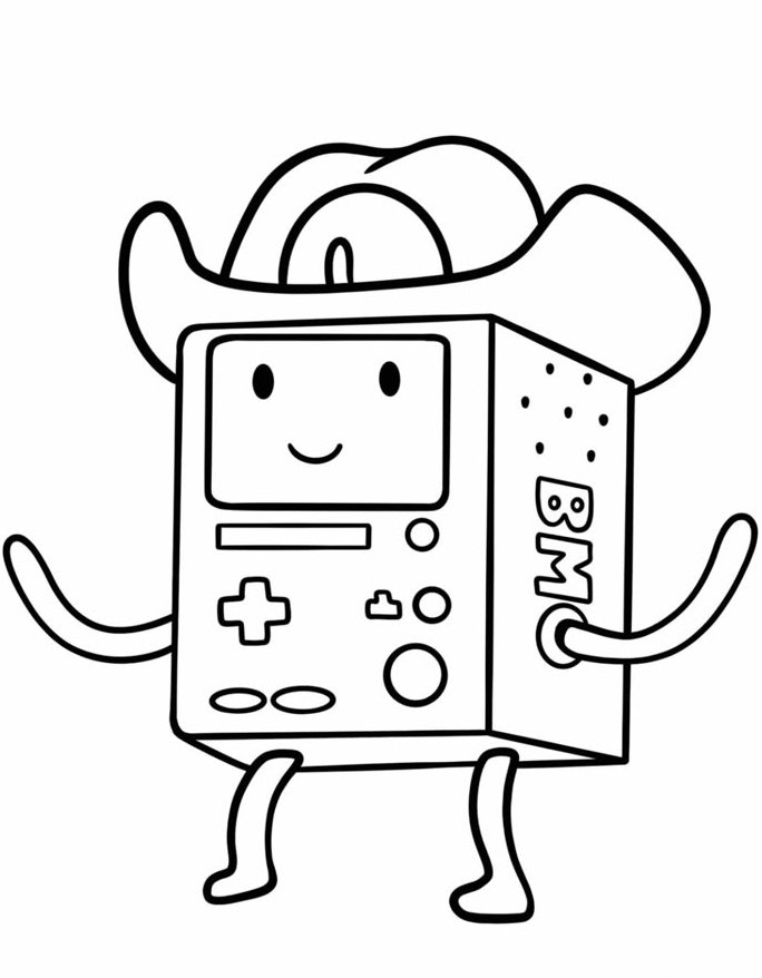 Desenho do BMO, o console de videogame de Hora de Aventura, com chapéu de cowboy e rosto sorridente para colorir.