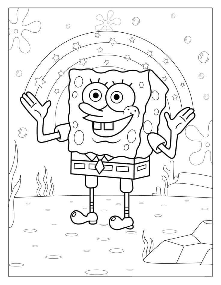 Desenho do Bob Esponja sorrindo enquanto faz um arco-íris com estrelas com as mãos no fundo do mar para colorir e imprimir.