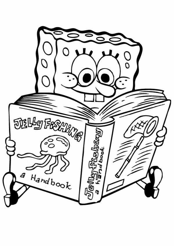Bob Esponja Calça Quadrada sentado segurando um livro de pesca de água-viva, ideal para crianças colorirem.