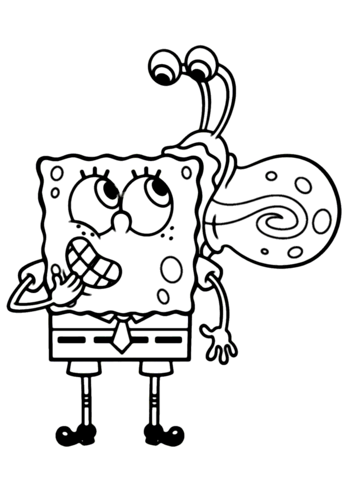 Desenho para colorir do Bob Esponja sorrindo com seu caracol de estimação Gary nas costas.