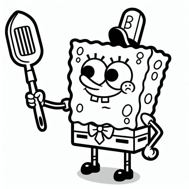 Bob Esponja Calça Quadrada segurando uma espátula, vestindo seu chapéu de cozinheiro, em traço preto e branco para colorir.