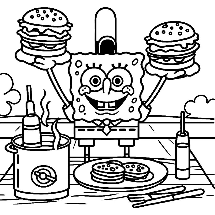 Bob Esponja como chef de cozinha, segurando hambúrgueres e preparando pratos para colorir.