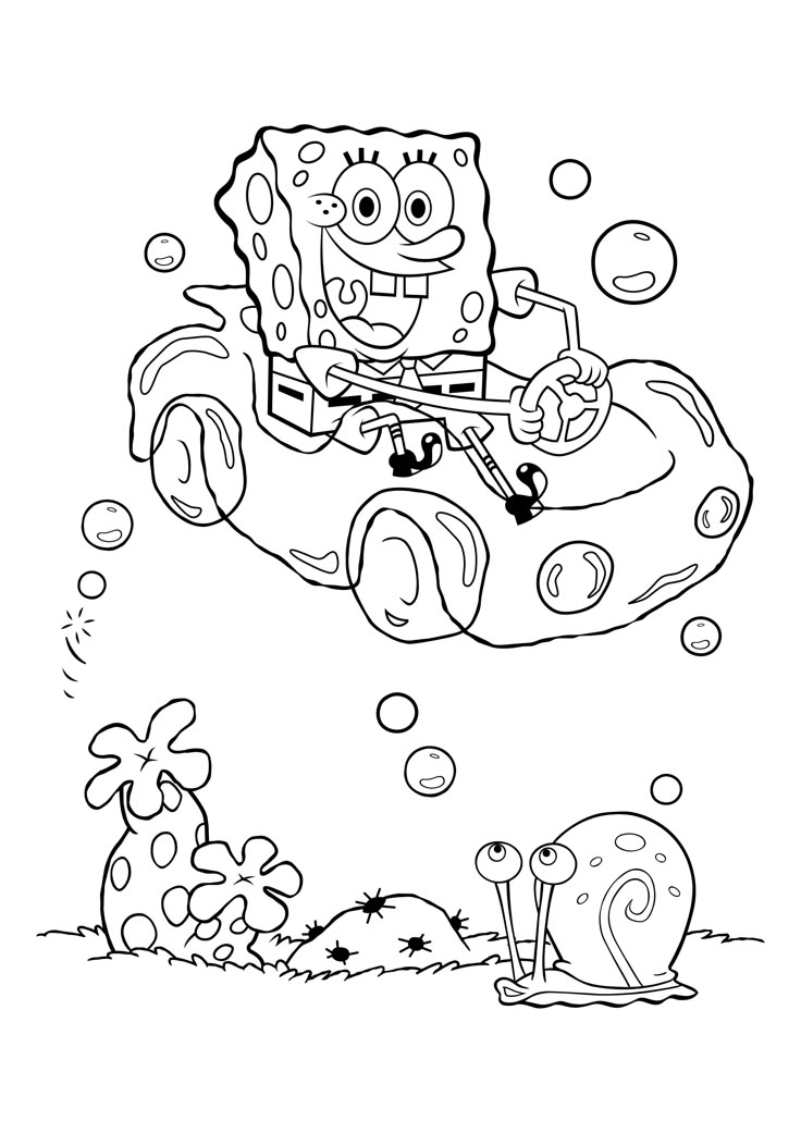 Bob Esponja no volante de um carro estilizado em alto mar, com Gary, para colorir e imprimir. Um cenário submarino esperando para ganhar cor.