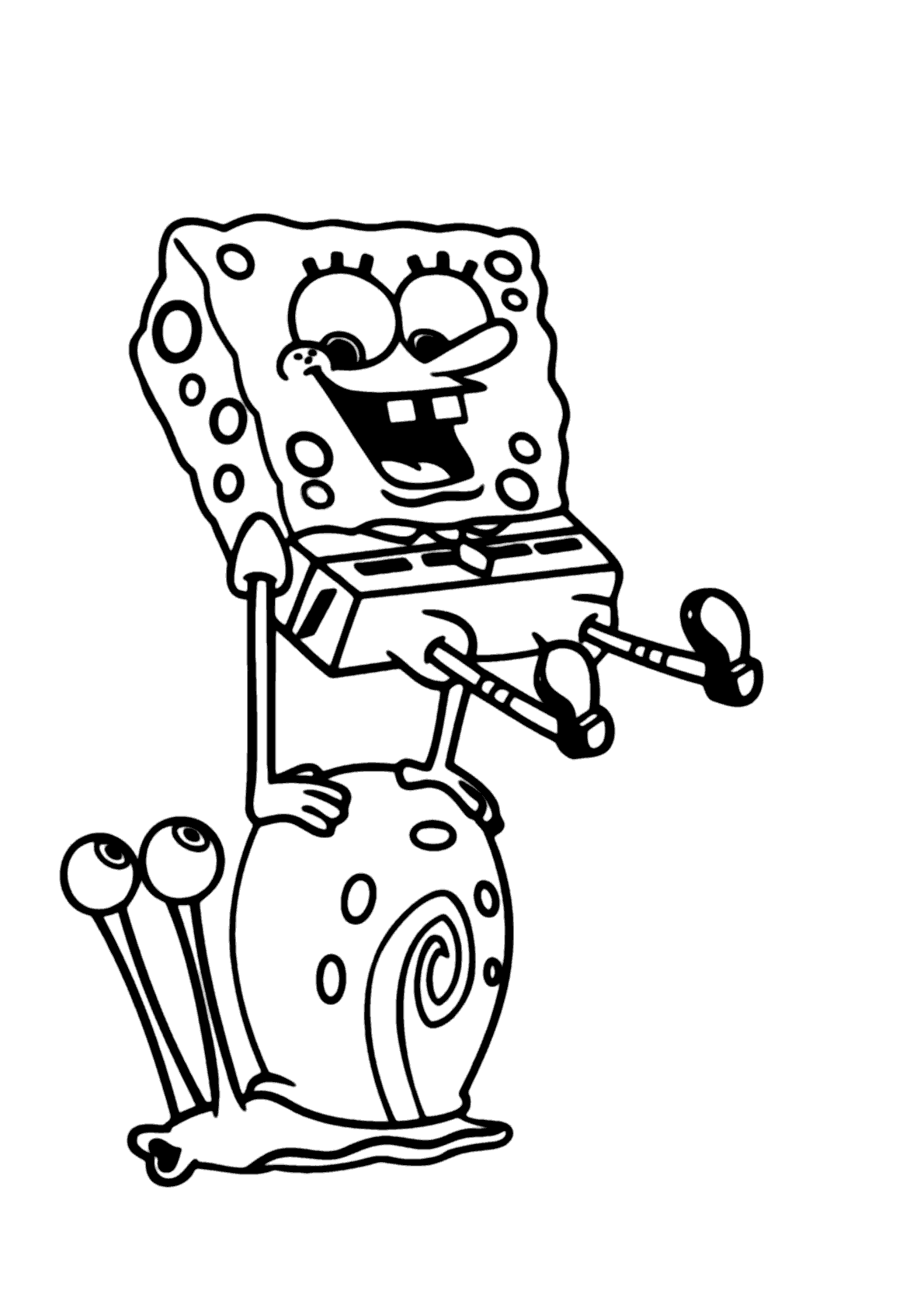 Bob Esponja Calça Quadrada sorrindo e sentado em cima de seu caracol Gary, com traços pretos em fundo branco.