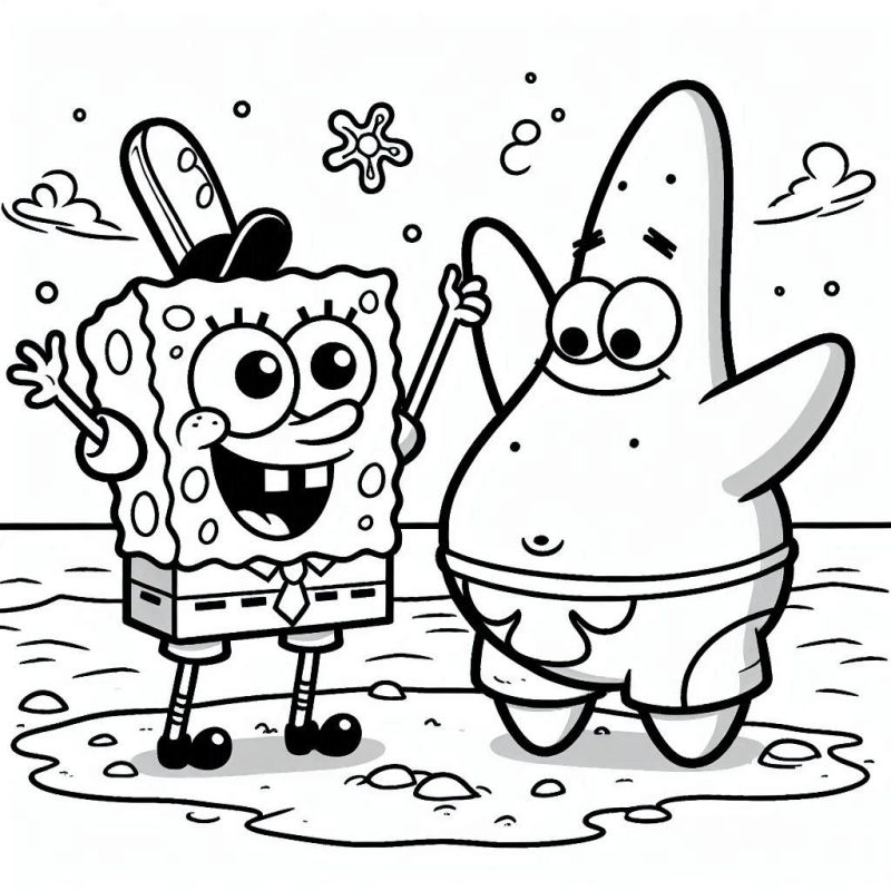 Bob Esponja e Patrick Estrela de mãos dadas sorrindo em um cenário de praia no fundo do mar.