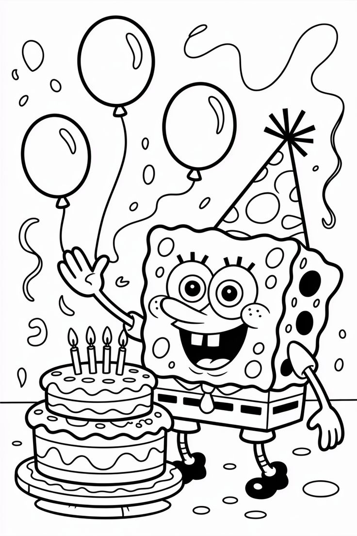 Bob Esponja usando um chapéu de festa, acenando ao lado de um bolo de aniversário com quatro velas acesas e balões ao fundo.