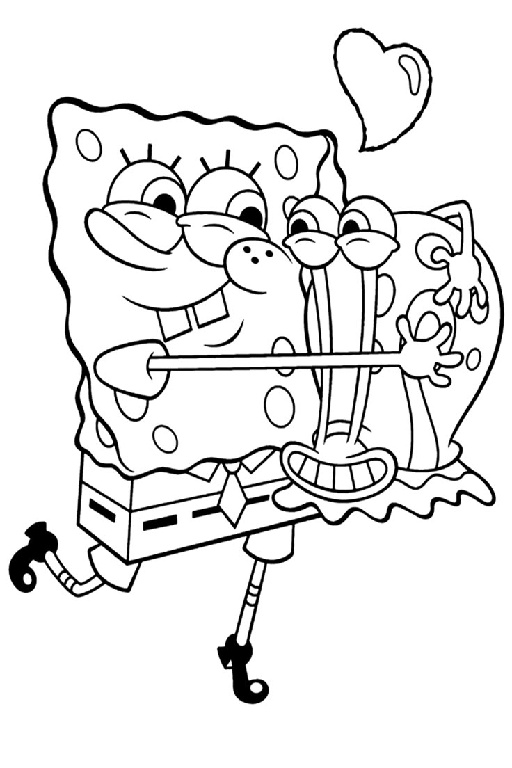 Bob Esponja dando um abraço muito forte em seu caracol de estimação Gary. Desenho para imprimir e colorir do Bob Esponja!