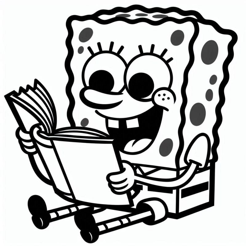 Bob Esponja Calça Quadrada sorrindo enquanto lê um livro aberto em suas mãos.