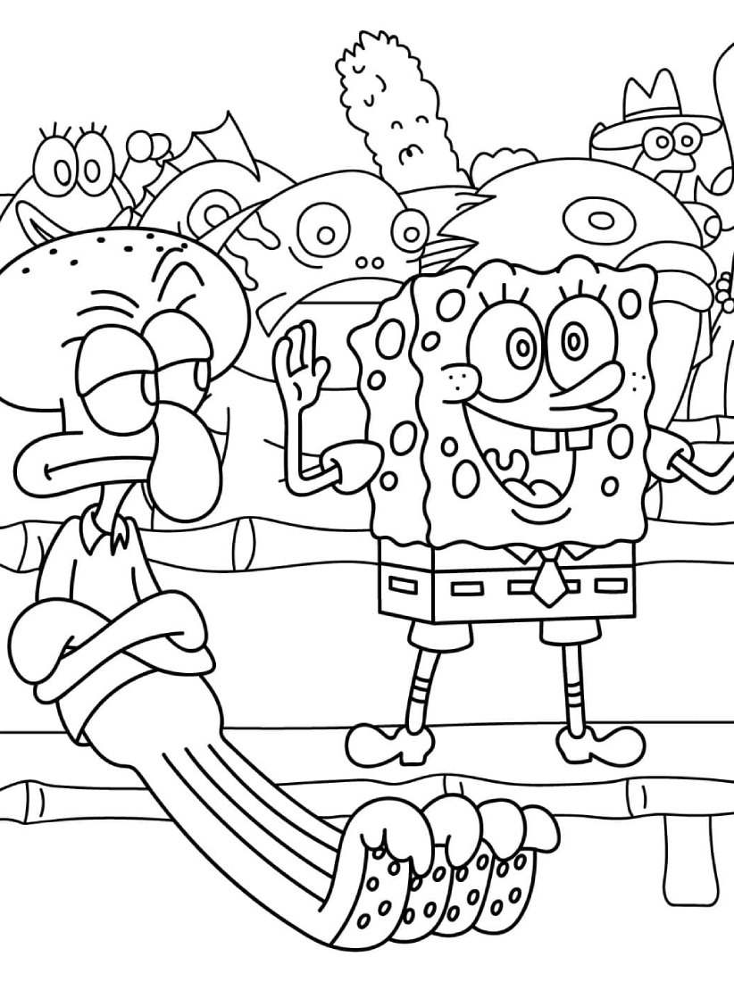 Bob Esponja sorrindo e Lula Molusco entediado no teatro para colorir e imprimir.