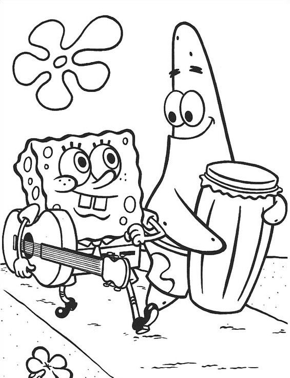 Bob Esponja e Patrick Estrela tocando violão e tambor para colorir