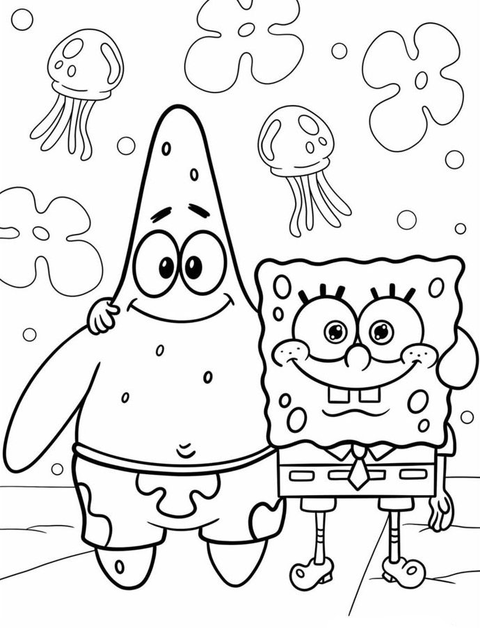 Ilustração do Bob Esponja e Patrick Estrela sorrindo, rodeados por água-vivas, flores e bolhas, prontos para colorir.