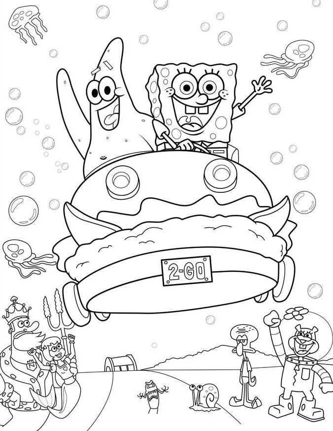 Bob Esponja e Patrick Estrela em um hambúrguer móvel com outros personagens ao fundo, bolhas e águas-vivas, em um cenário submarino para colorir.