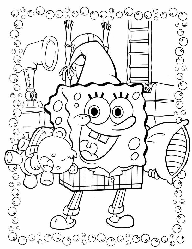 Bob Esponja de pijama com seu ursinho de pelúcia e travesseiro para imprimir e colorir. Dá para ver também sua cama arrumada com escada e o Gary ao fundo.