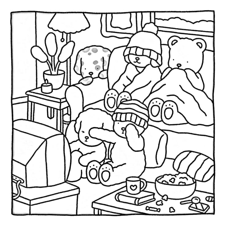Desenho para colorir do Bobbie Goods reunido com seus amigos em uma sala de estar assistindo TV, com ursinhos, cachorrinhos, pipoca e cobertores, perfeito para a noite dos meninos ou das meninas.