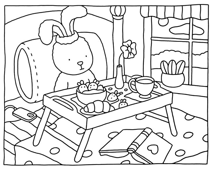  Desenho de um coelho da Bobbie Goods tomando café da manhã na cama, com frutas, croissant e biscoitos para colorir.