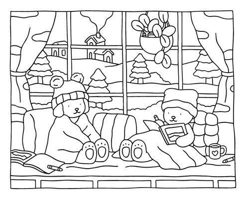 Dois ursinhos Bobbie Goods sentados perto da janela em um dia frio de inverno. Desenho extremamente aconchegante pronto para ser colorido e impresso.