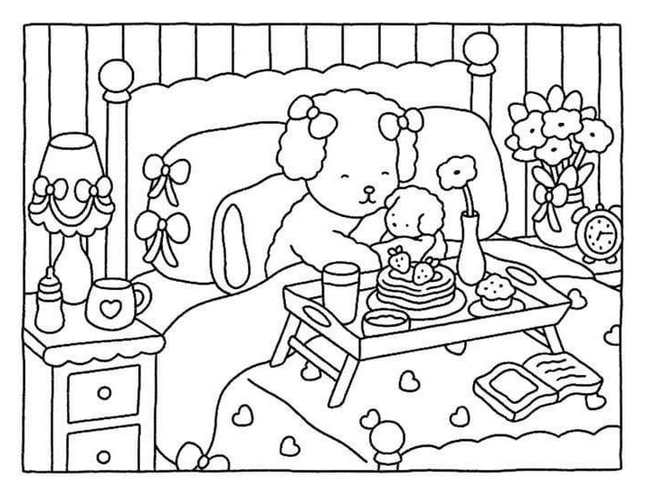 Desenho da cachorrinha Bobbie Goods para imprimir e colorir, tomando café da manhã na cama após acordar de uma noite de sono revigorante.