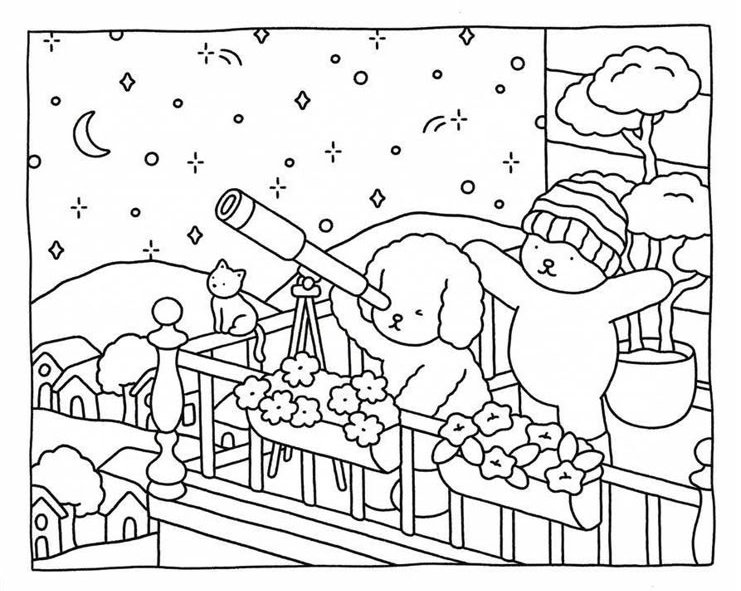 Desenho do Bobbie Goods observando as estrelas com um telescópio, acompanhado de um amigo e um gato, ideal para colorir e imprimir antes de uma noite observando as estrelas.