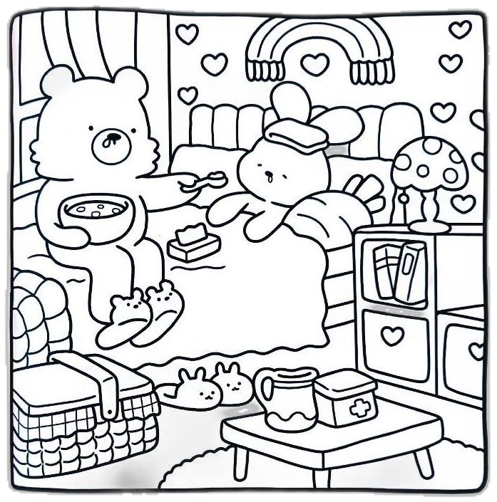 Desenho da Bobbie Goods de um urso cuidando de um coelho doente em um quarto aconchegante, para colorir e se divertir.