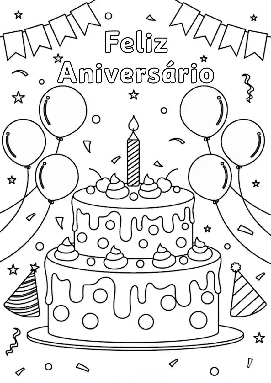 Desenho de um bolo de aniversário de dois andares com uma vela, decorado com cerejas, cercado por balões, bandeirolas e chapéus de festa, com a inscrição 'Feliz Aniversário'.