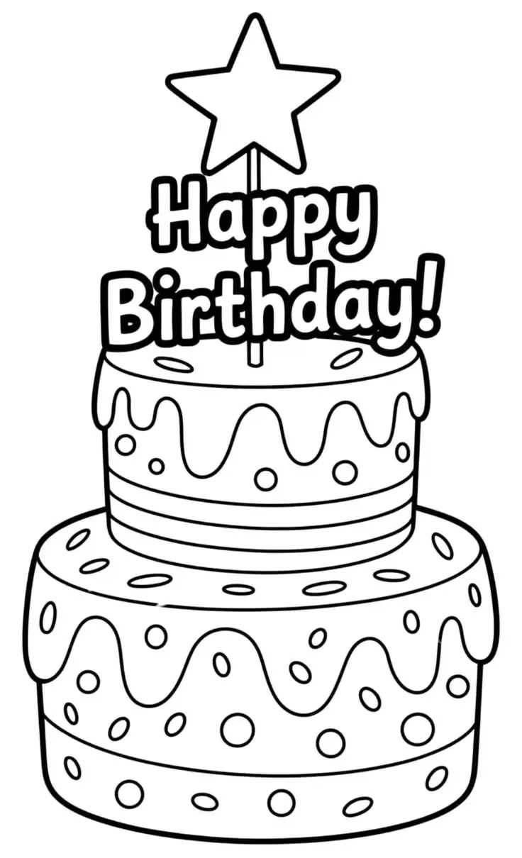 Desenho para colorir de um bolo de dois andares com cobertura, granulados e uma estrela no topo com a frase Happy Birthday.
