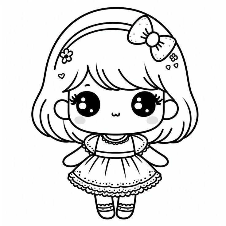 Desenho de uma boneca infantil muito fofa com rostos redondos e olhar acolhedor. Perfeito para crianças e meninas colorirem.