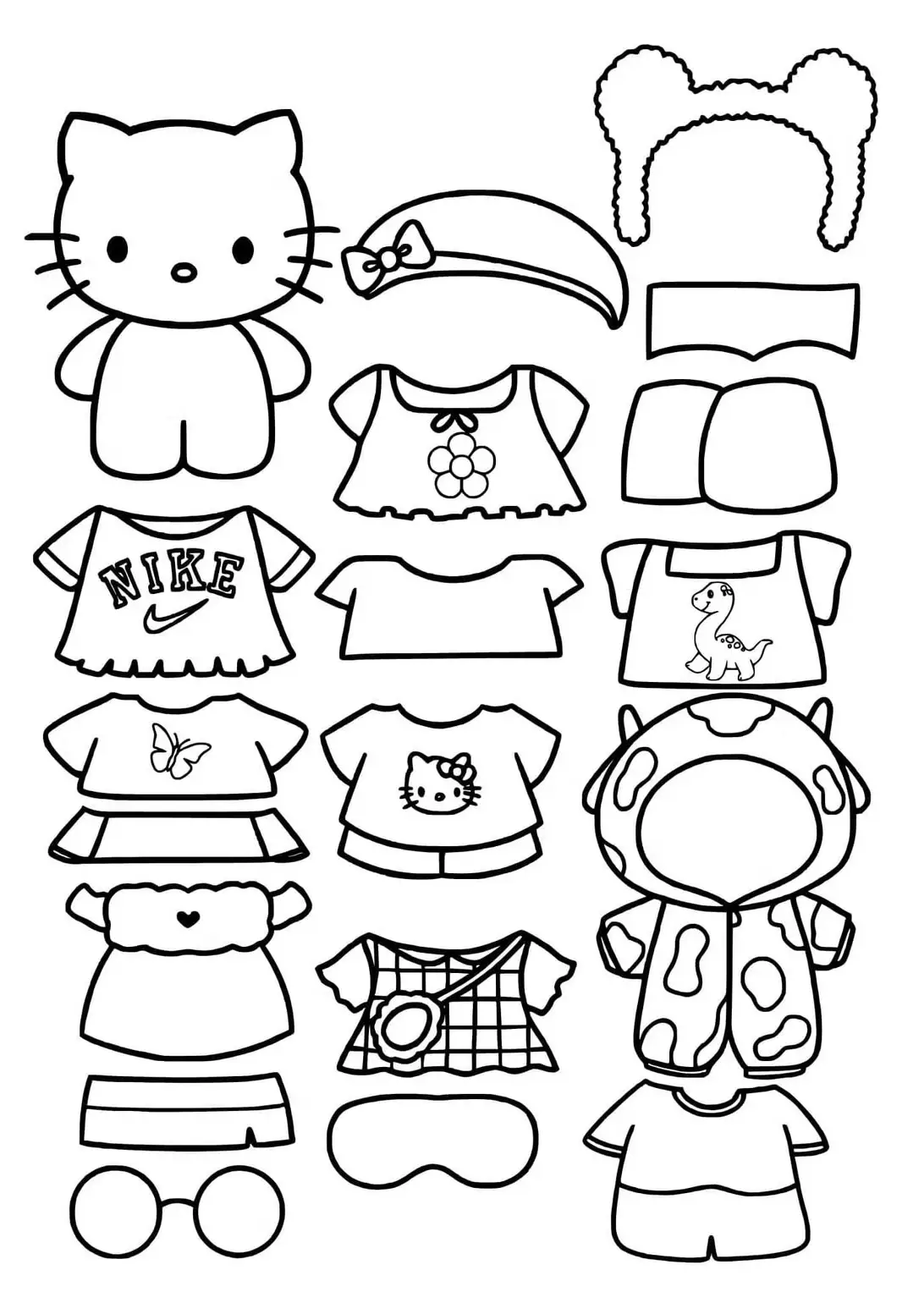 Desenho para colorir da Hello Kitty com diversos acessórios de papel, incluindo roupas, camisas, óculos e uma fantasia de vaquinha.