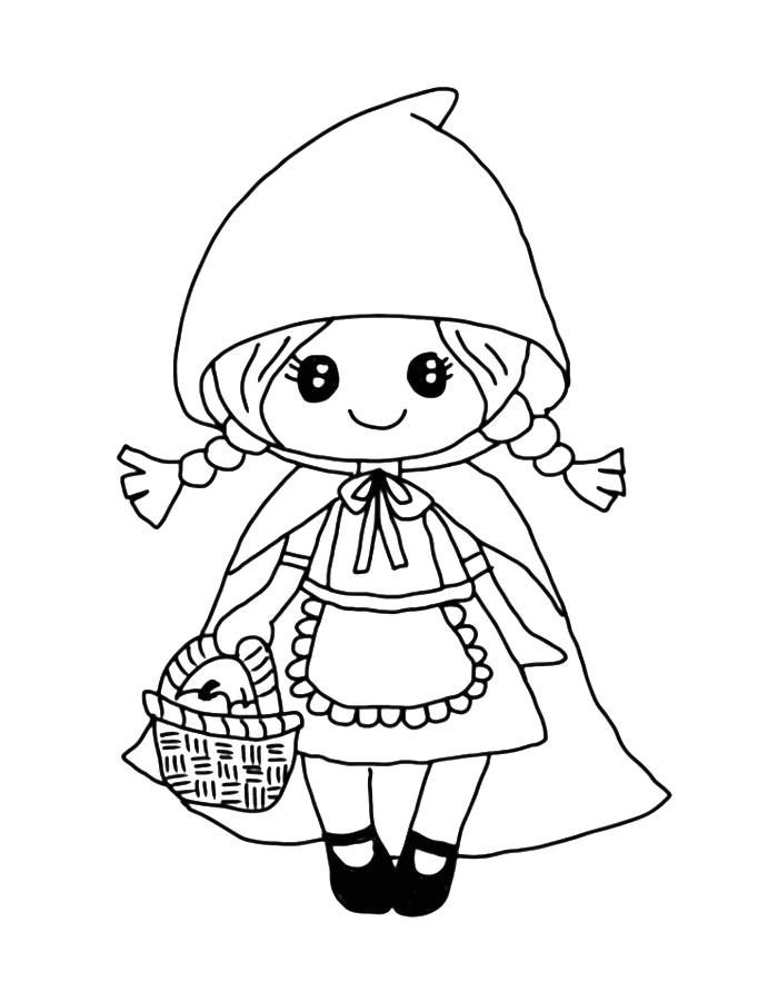 Desenho infantil de uma boneca da Chapeuzinho Vermelho segurando uma cesta para colorir e imprimir