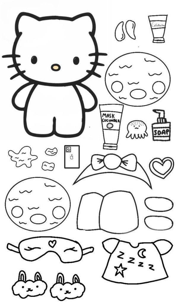 Boneca de papel estilo Hello Kitty com acessórios de spa, máscaras faciais, tiaras e pijama para recortar e colorir.