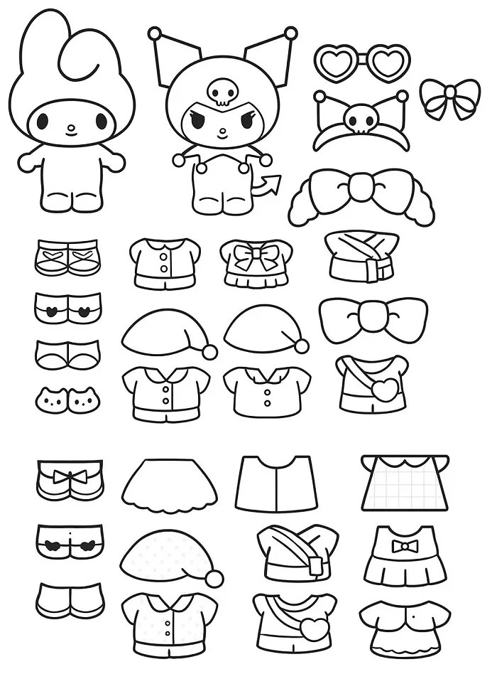 Folha com desenhos de My Melody e Kuromi acompanhadas de várias opções de roupinhas, acessórios, laços e chapéus para recortar e montar.