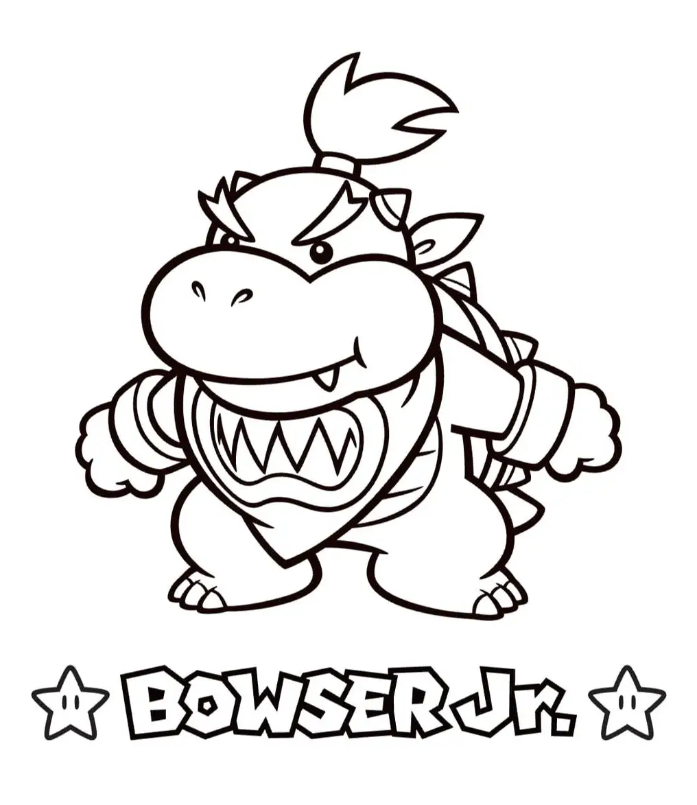Desenho em linhas pretas do Bowser Jr. em pose de ataque, com seu babador de dentes afiados e o casco com espinhos, pronto para ser colorido.