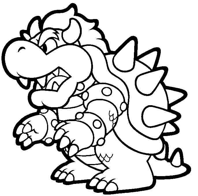 Desenho para colorir do Bowser, o vilão da série Super Mario, em pose de ataque com seu casco espinhoso e expressão brava.
