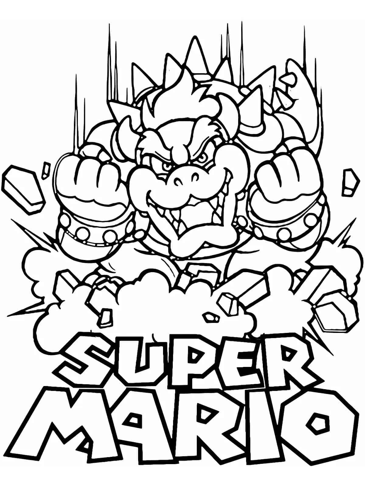 Desenho para colorir de Bowser, o vilão de Super Mario, em pose de ataque com punhos cerrados e pedras voando ao redor.
